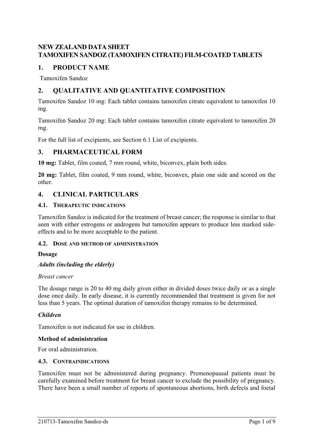 New Zealand Data Sheet Tamoxifen Sandoz (Tamoxifen Citrate) Film-Coated Tablets 1