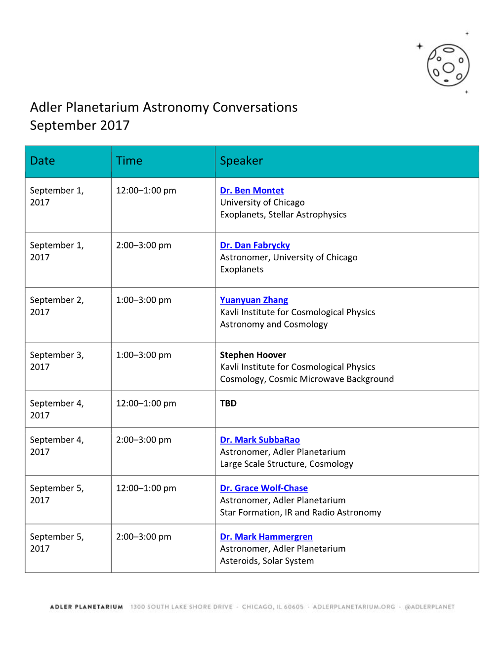 Adler Planetarium Astronomy Conversations September 2017