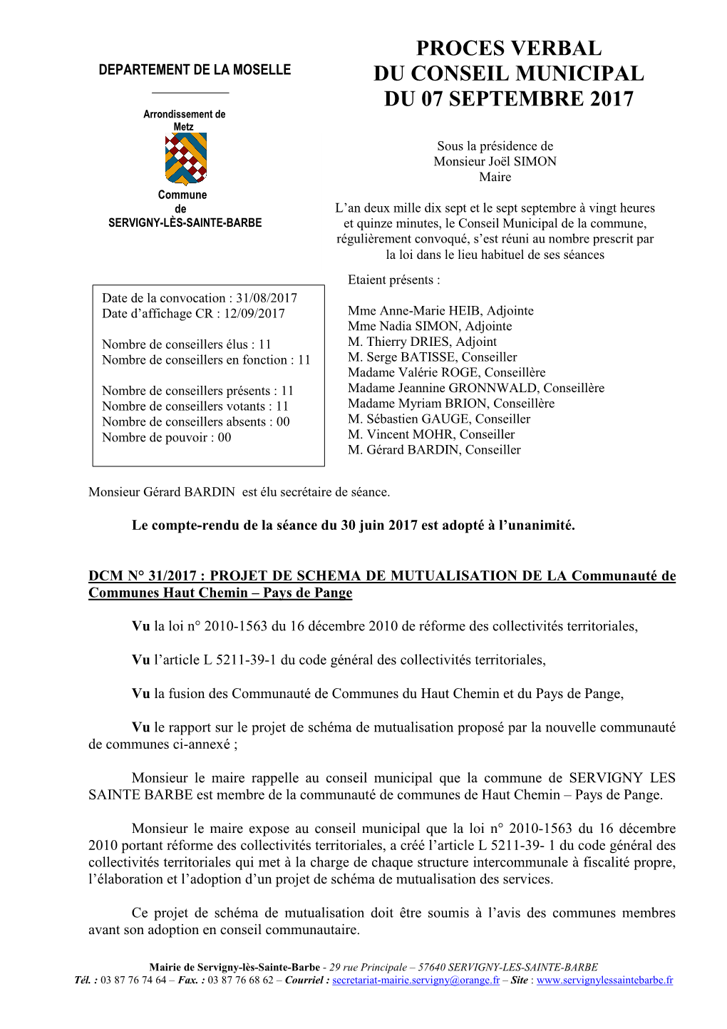 Proces Verbal Du Conseil Municipal Du 07 Septembre