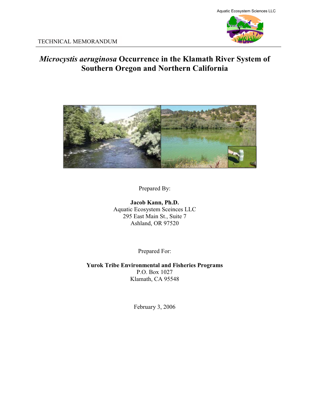 Microcystis Aeruginosa Occurrence in the Klamath River System of Southern Oregon and Northern California