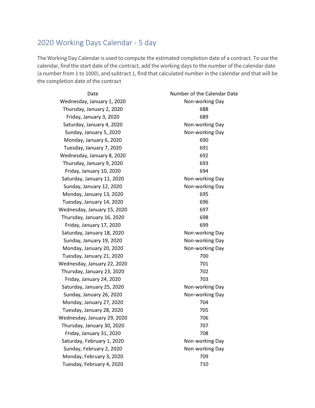 2020 Working Days Calendar - 5 Day