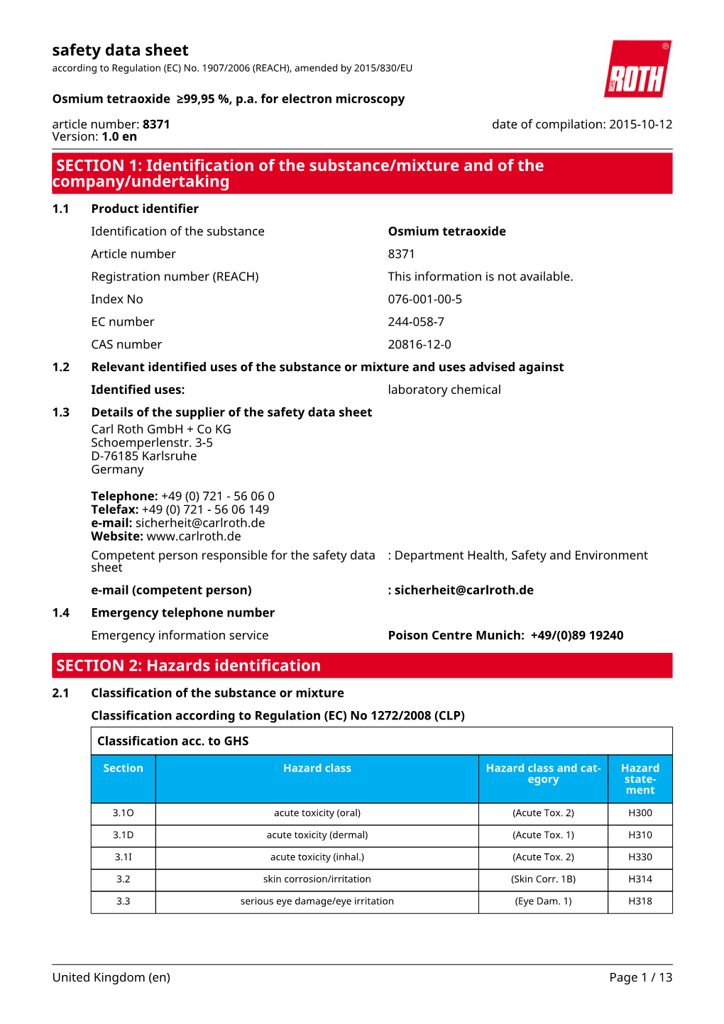 Safety Data Sheet: Osmium Tetraoxide