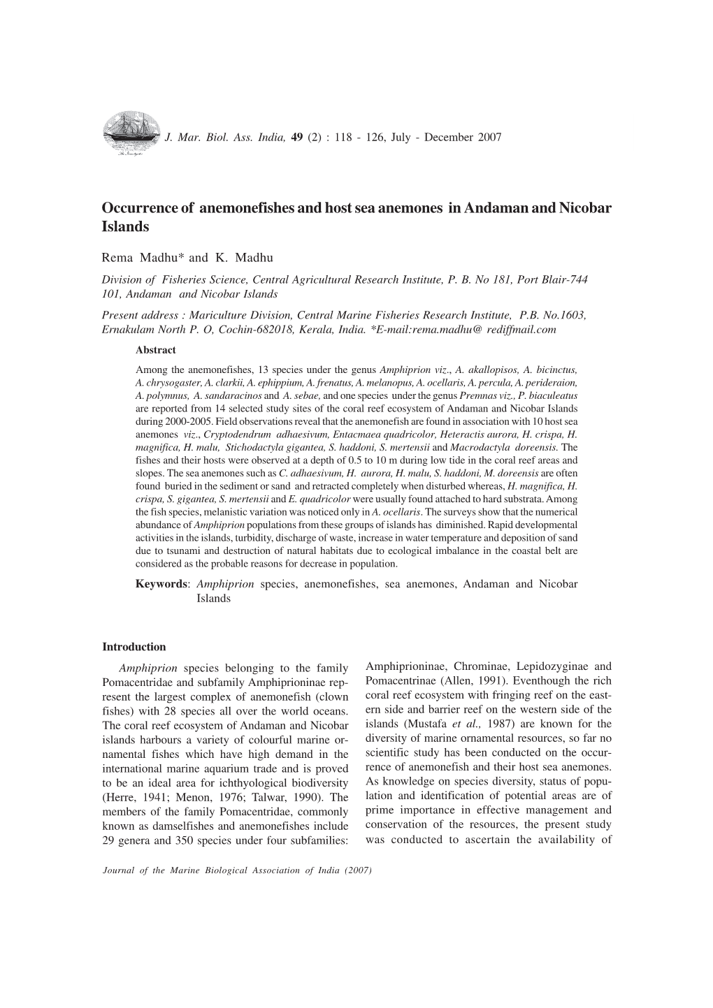 Occurrence of Anemonefishes and Host Sea Anemones in Andaman and Nicobar Islands