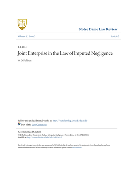 Joint Enterprise in the Law of Imputed Negligence W