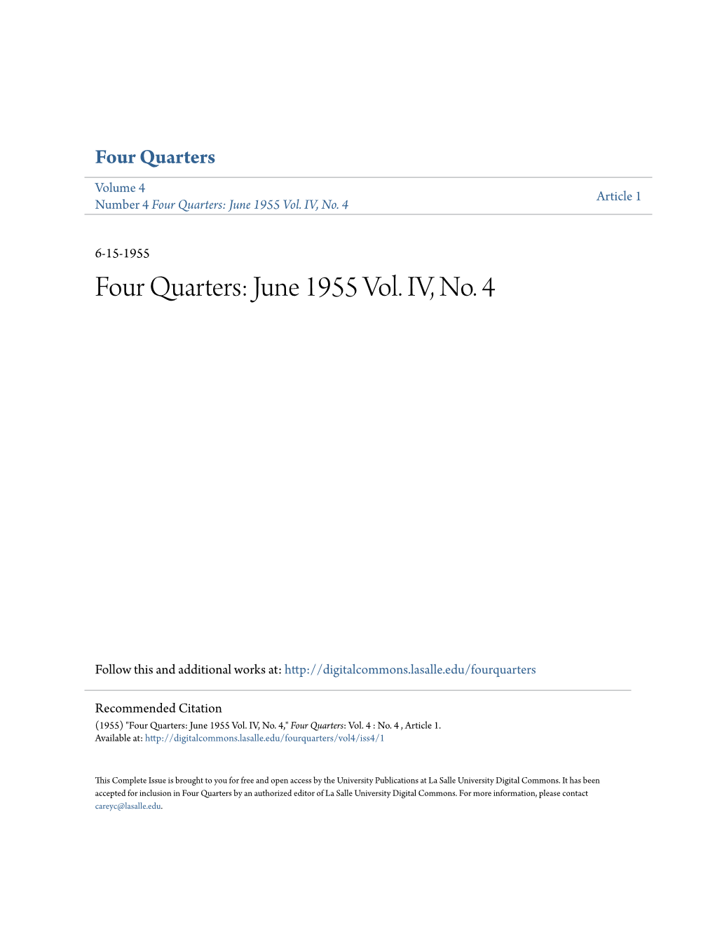 Four Quarters: June 1955 Vol. IV, No. 4