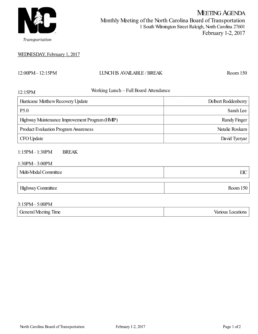 MEETING AGENDA Monthly Meeting of the North Carolina Board of Transportation February 1-2, 2017