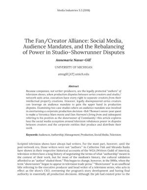 The Fan/Creator Alliance: Social Media, Audience Mandates, and the Rebalancing of Power in Studio–Showrunner Disputes