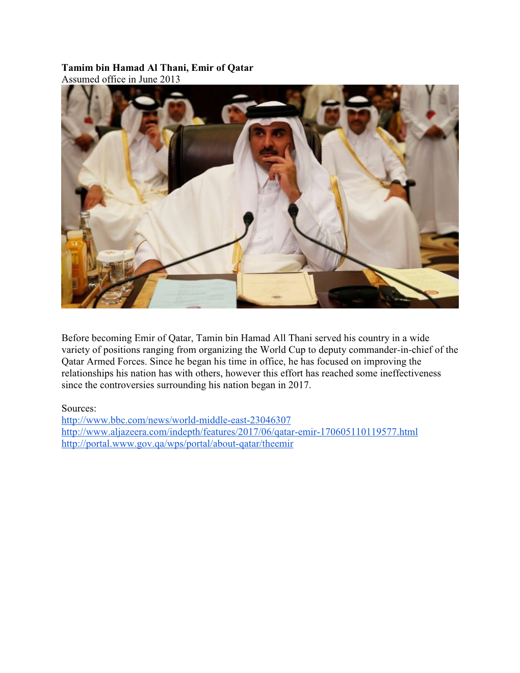 Tamim Bin Hamad Al Thani, Emir of Qatar Assumed Office in June 2013