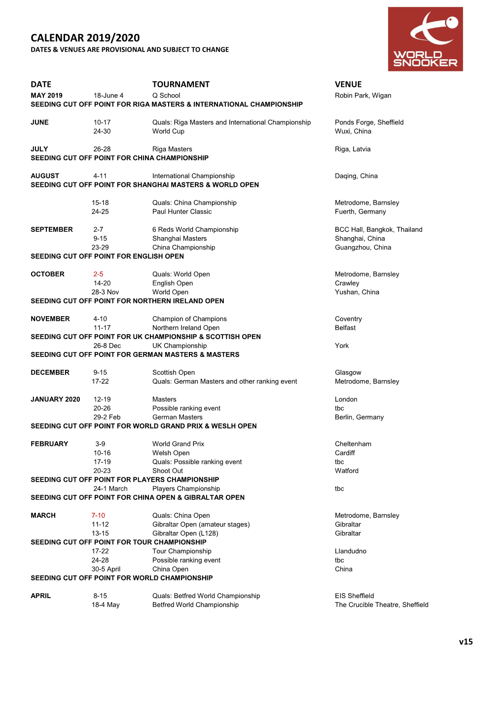 Calendar 2019/2020 Dates & Venues Are Provisional and Subject to Change