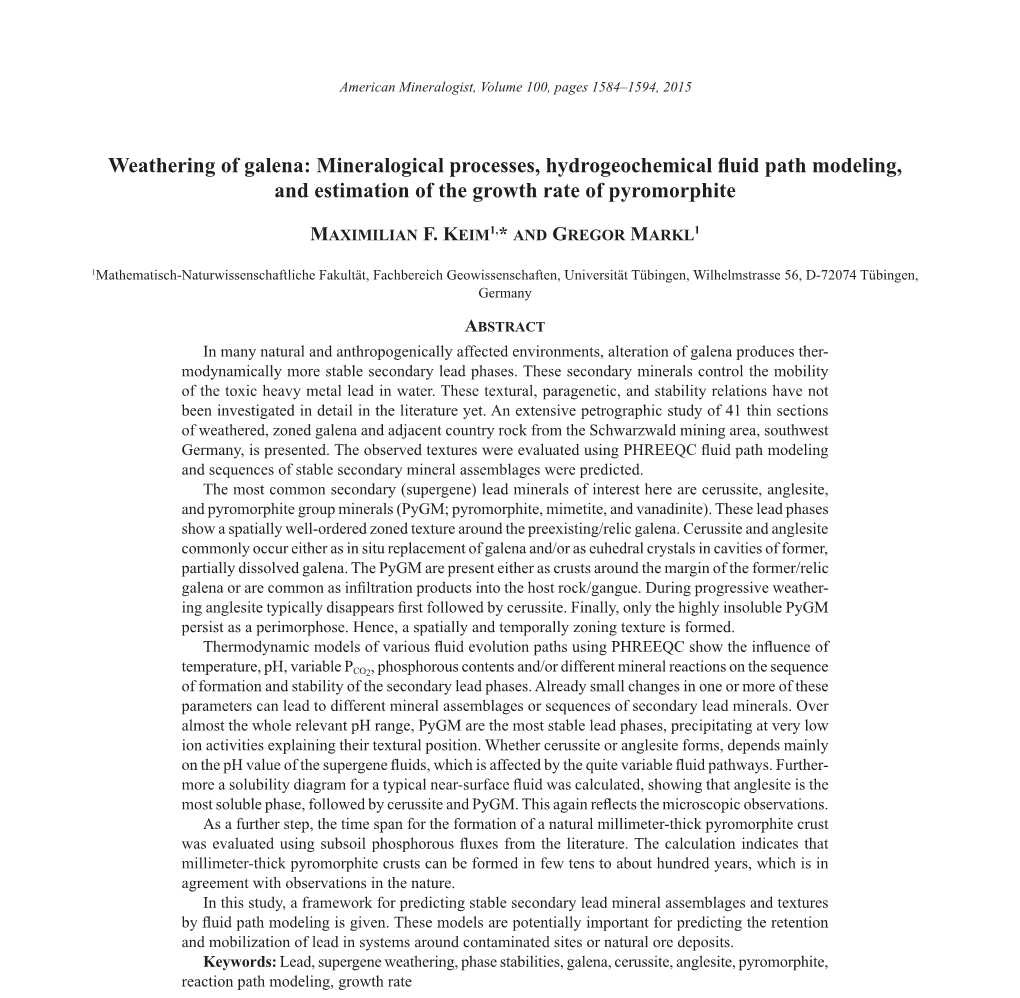 Weathering of Galena: Mineralogical Processes, Hydrogeochemical Fluid