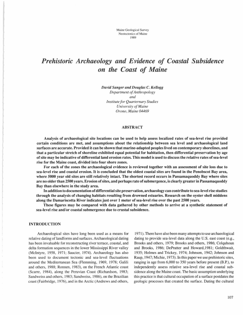 Prehistoric Archaeology and Evidence of Coastal Subsidence on the Coast of Maine