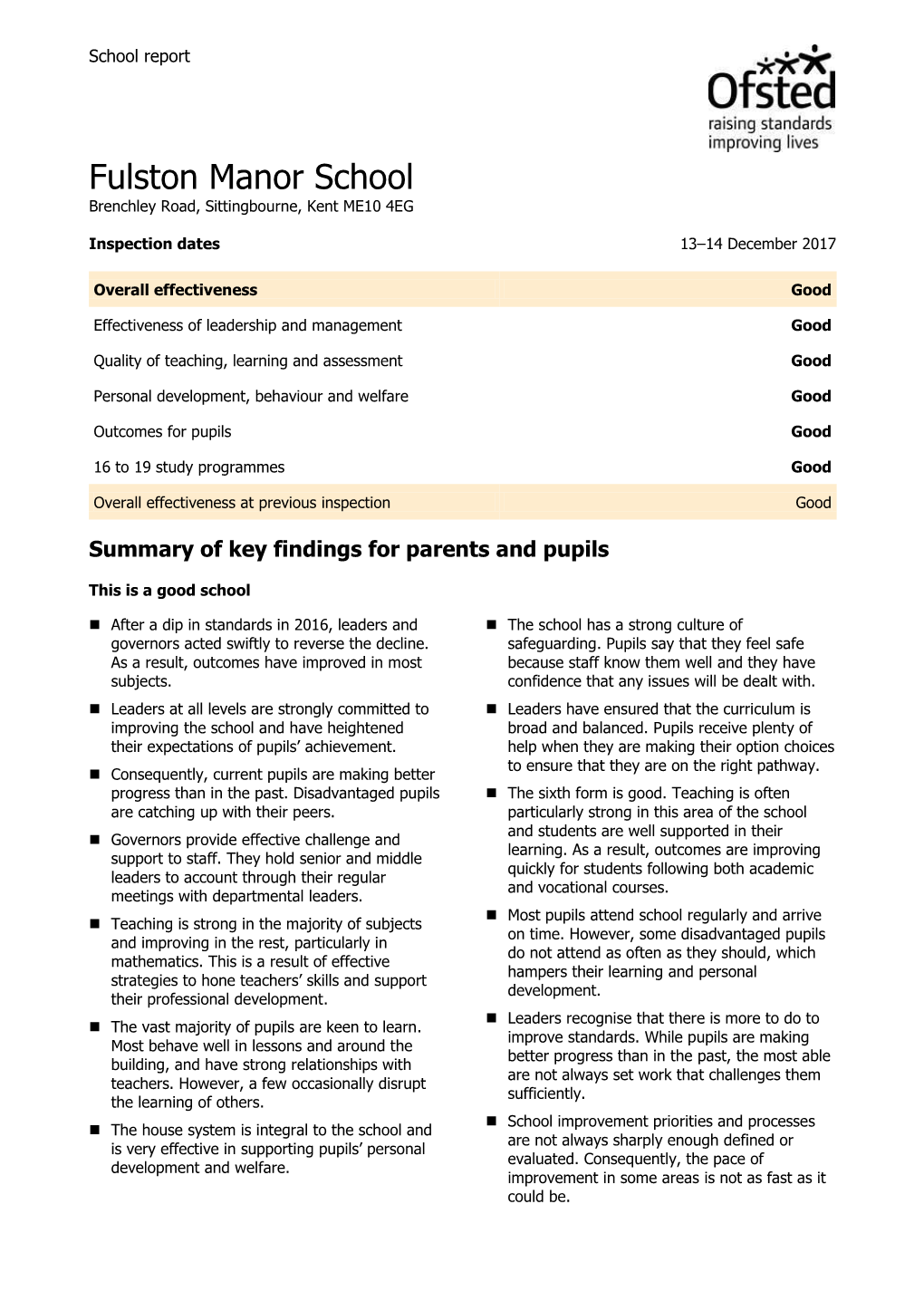 Fulston Manor School Brenchley Road, Sittingbourne, Kent ME10 4EG