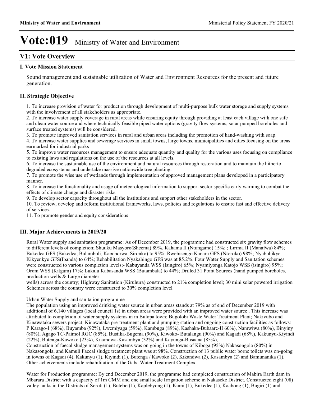 Vote:019 Ministry of Water and Environment V1: Vote Overview I