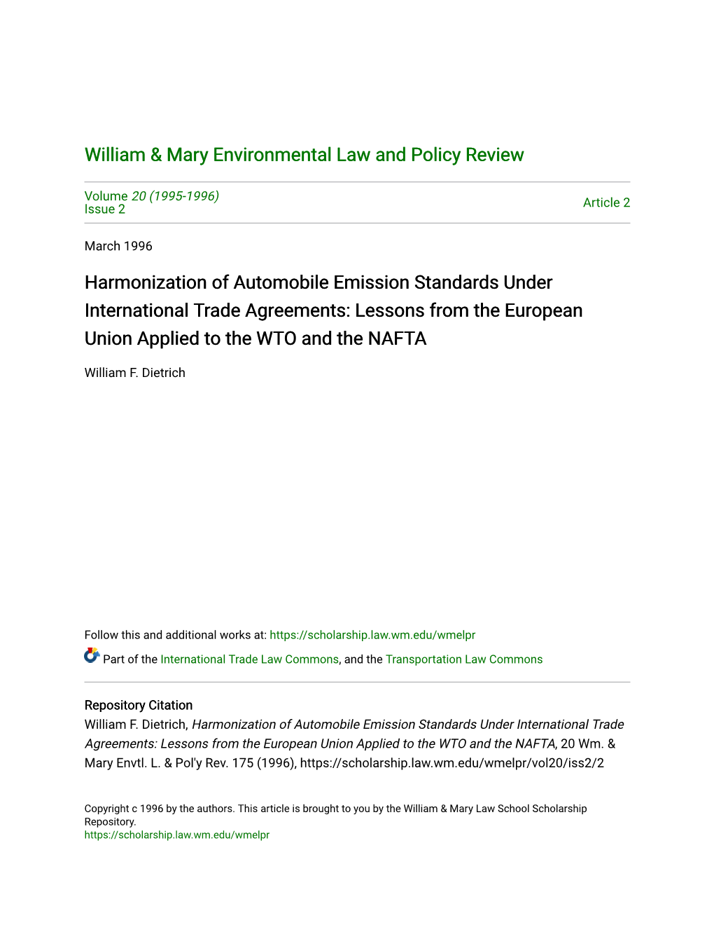 Harmonization of Automobile Emission Standards Under International Trade Agreements: Lessons from the European Union Applied to the WTO and the NAFTA