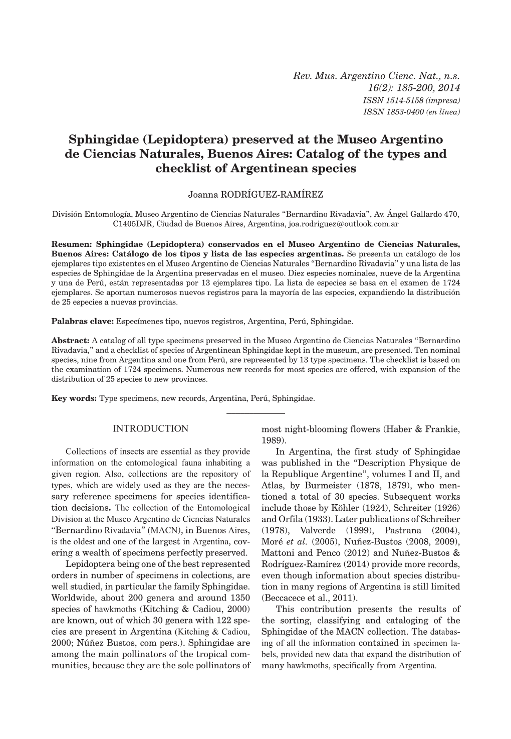 Sphingidae (Lepidoptera) Preserved at the Museo Argentino De Ciencias Naturales, Buenos Aires: Catalog of the Types and Checklist of Argentinean Species