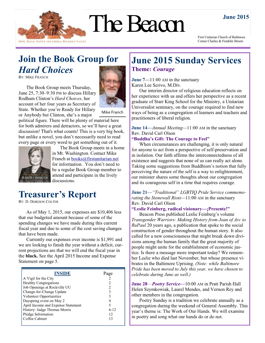 The Beacon June 2015 First Unitarian Church News a Vigil for the City Healthy Congregations BY: D