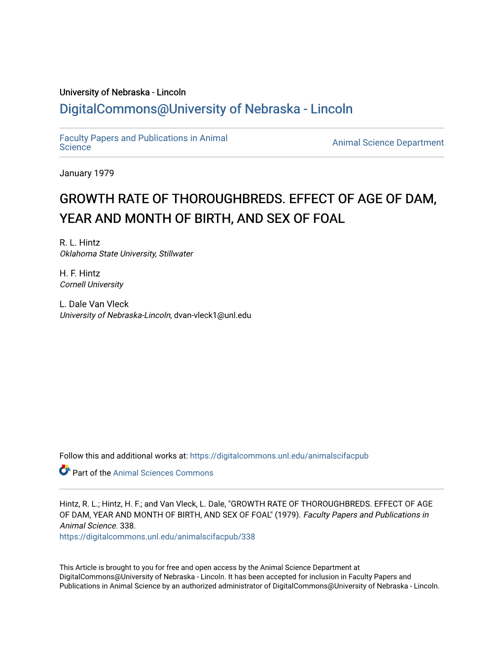 Growth Rate of Thoroughbreds. Effect of Age of Dam, Year and Month of Birth, and Sex of Foal