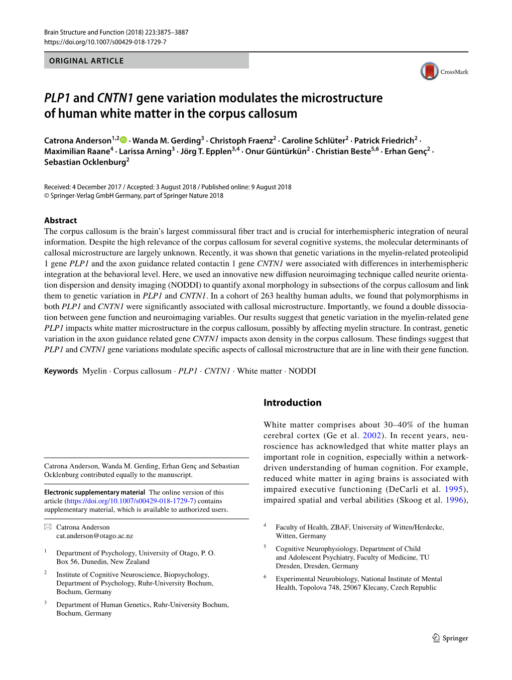 PLP1 and CNTN1 Gene Variation Modulates the Microstructure of Human White Matter in the Corpus Callosum