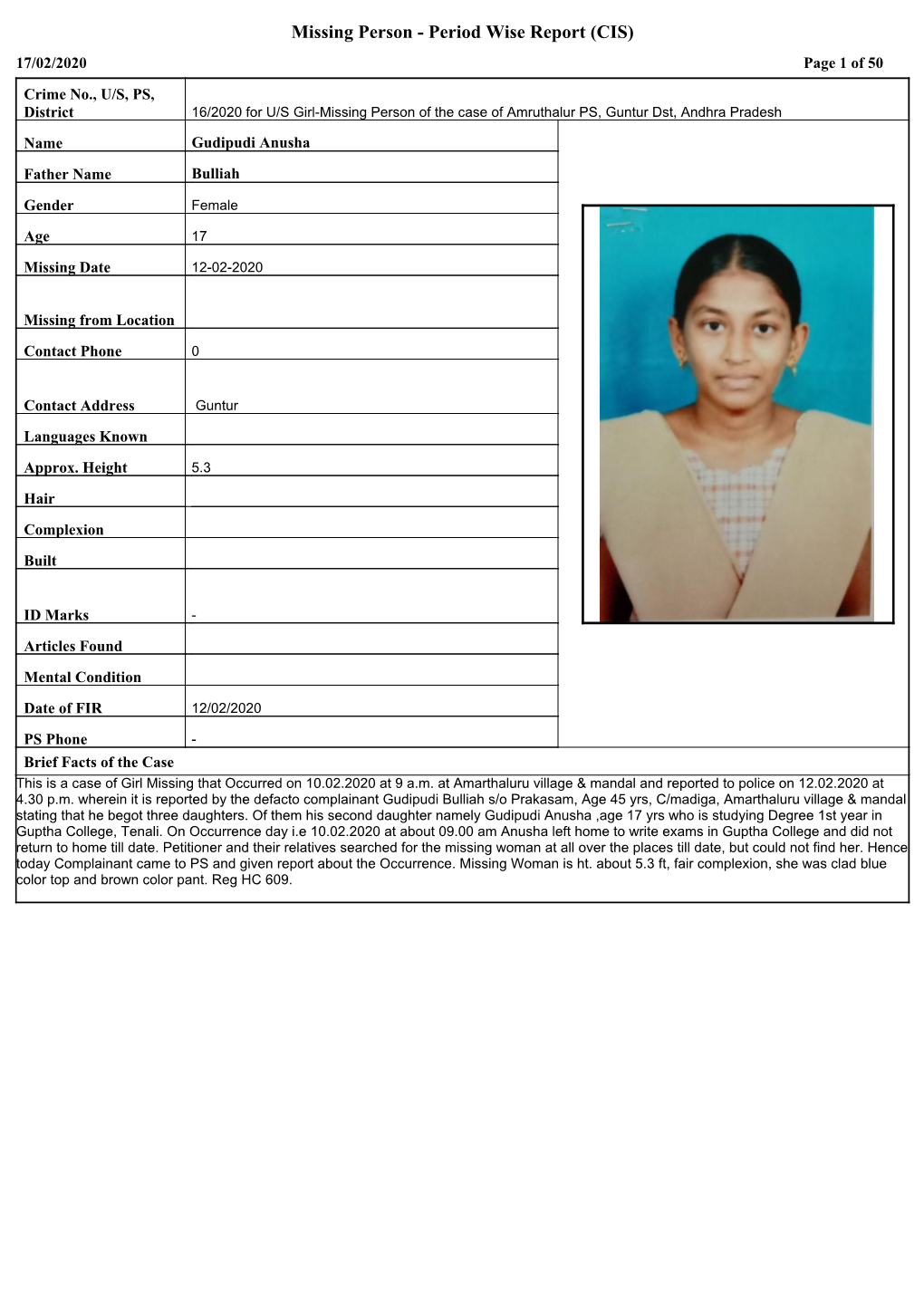Missing Person - Period Wise Report (CIS) 17/02/2020 Page 1 of 50