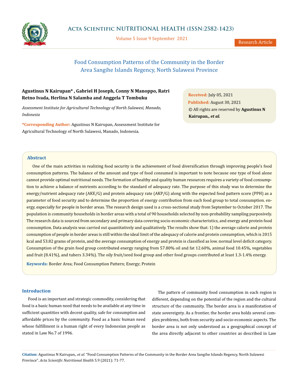 Food Consumption Patterns of the Community in the Border Area Sangihe Islands Regency, North Sulawesi Province