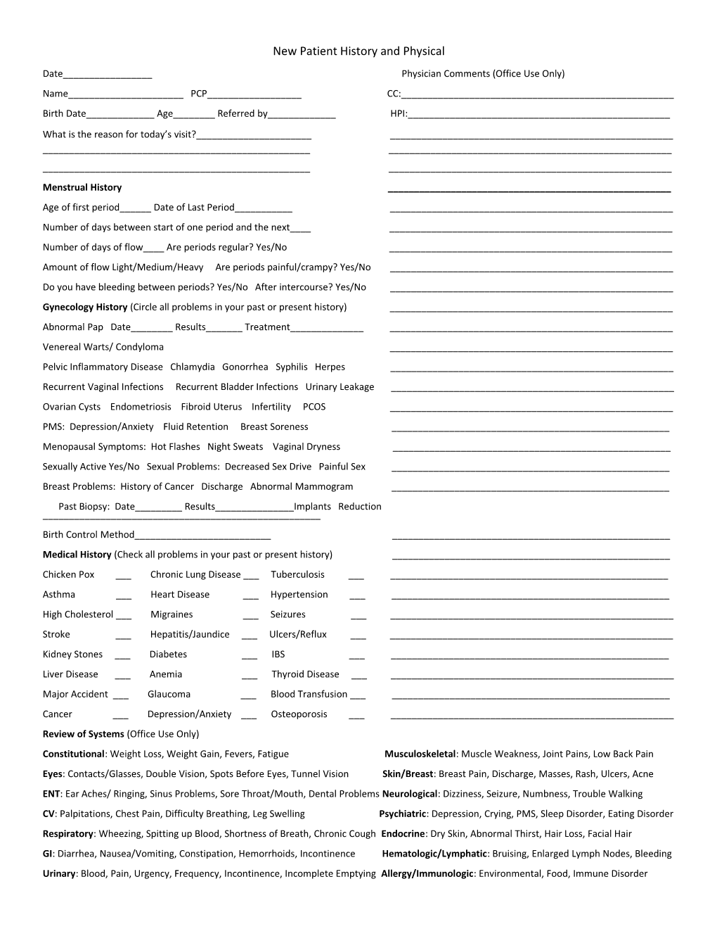 New Patient History and Physical