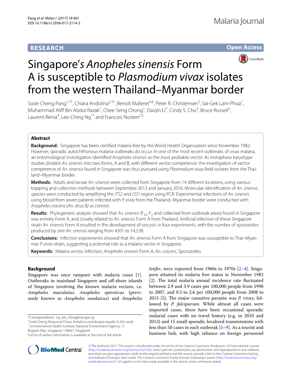 Singapore's Anopheles Sinensis Form a Is Susceptible to Plasmodium