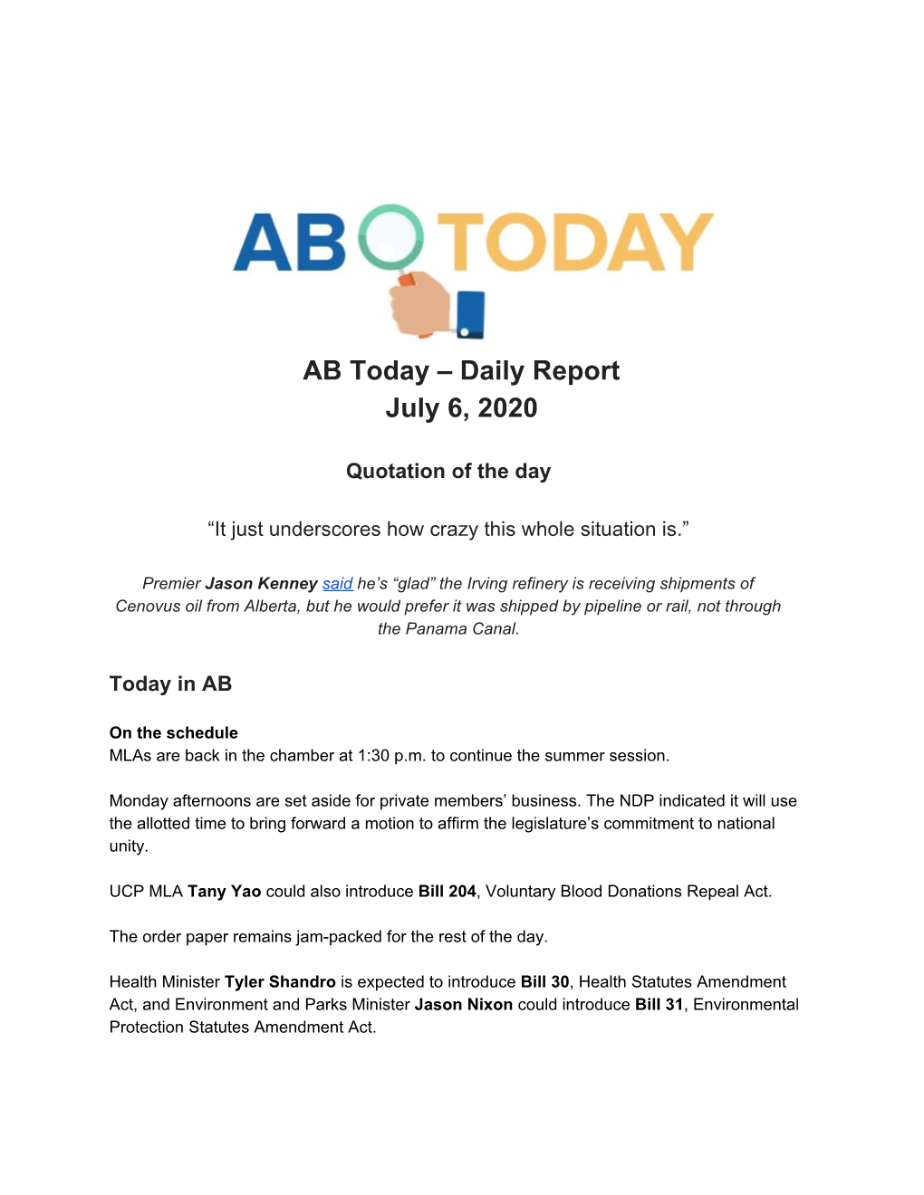 AB Today – Daily Report July 6, 2020