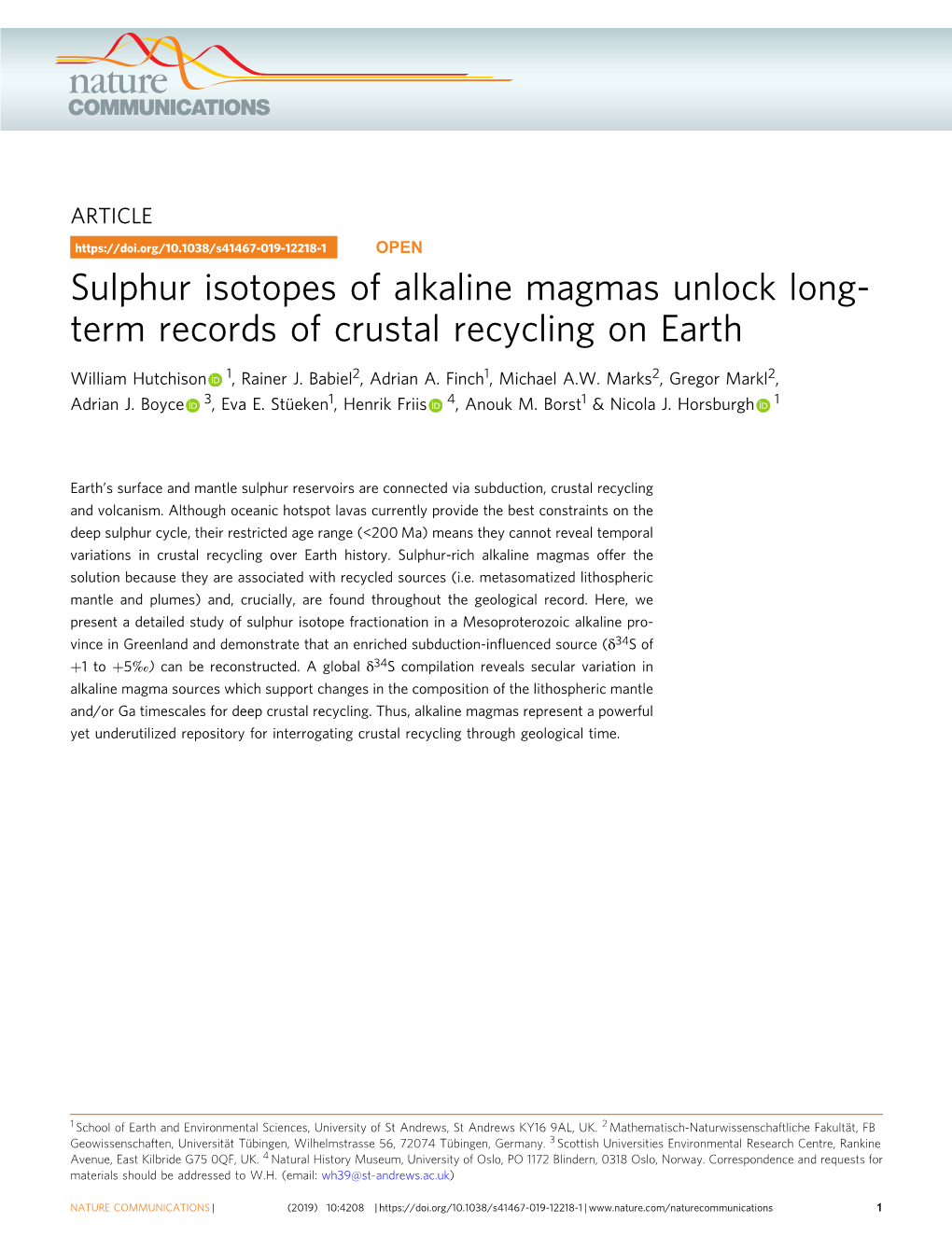 Sulphur Isotopes of Alkaline Magmas Unlock Long-Term Records Of