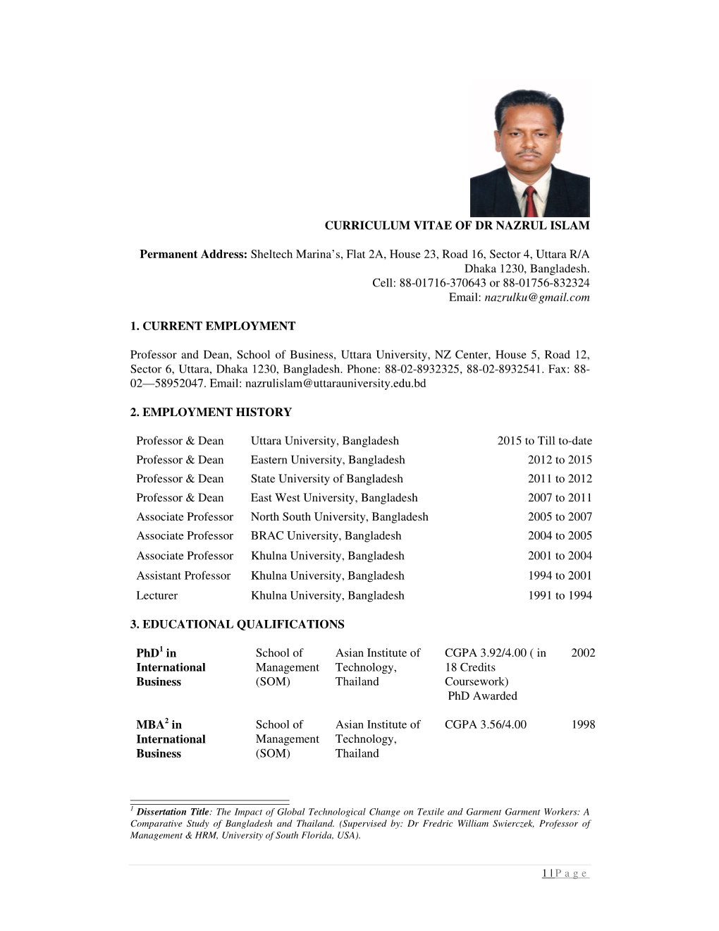 CURRICULUM VITAE of DR NAZRUL ISLAM Permanent Address