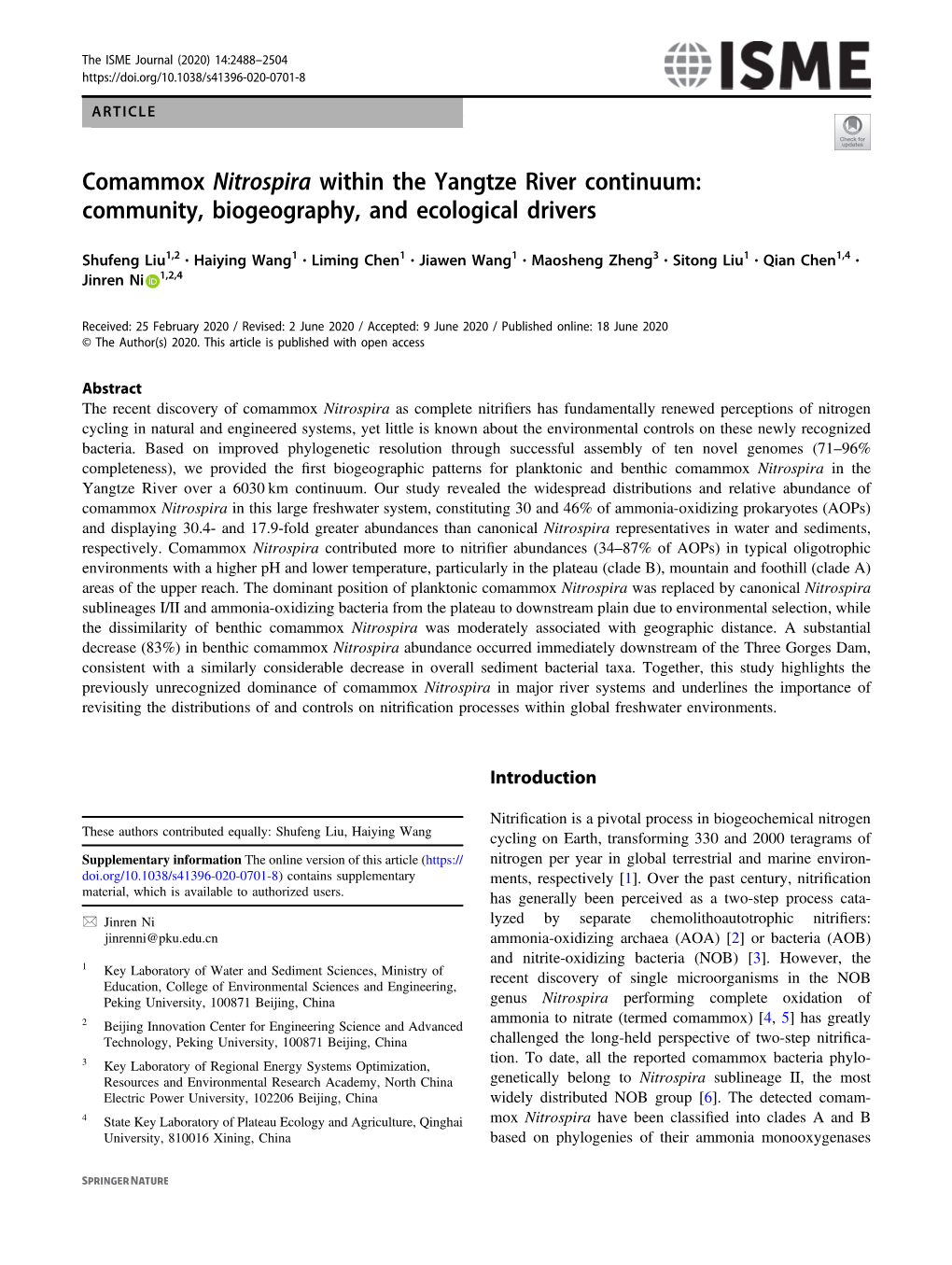 Comammox Nitrospira Within the Yangtze River Continuum: Community, Biogeography, and Ecological Drivers