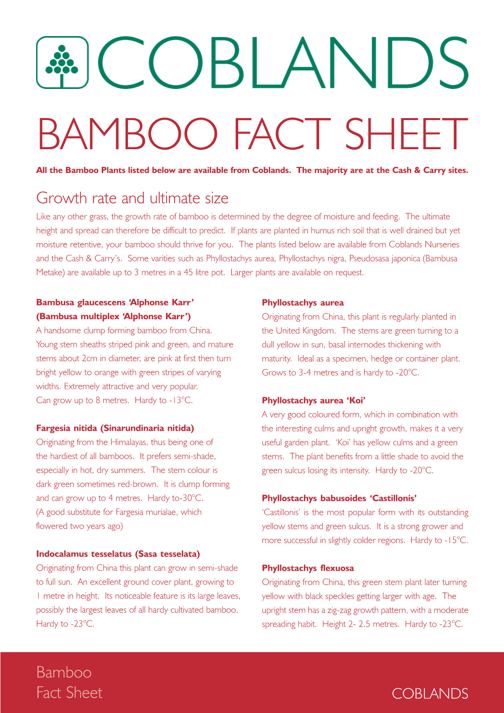 BAMBOO FACT SHEET All the Bamboo Plants Listed Below Are Available from Coblands