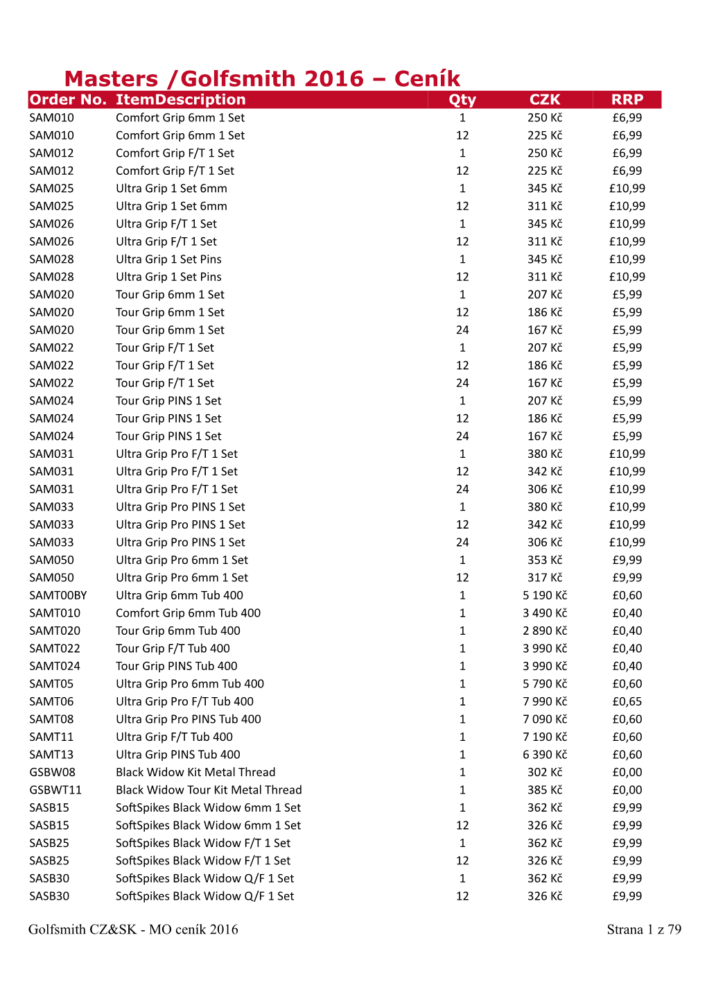 Masters /Golfsmith 2016 – Ceník Order No