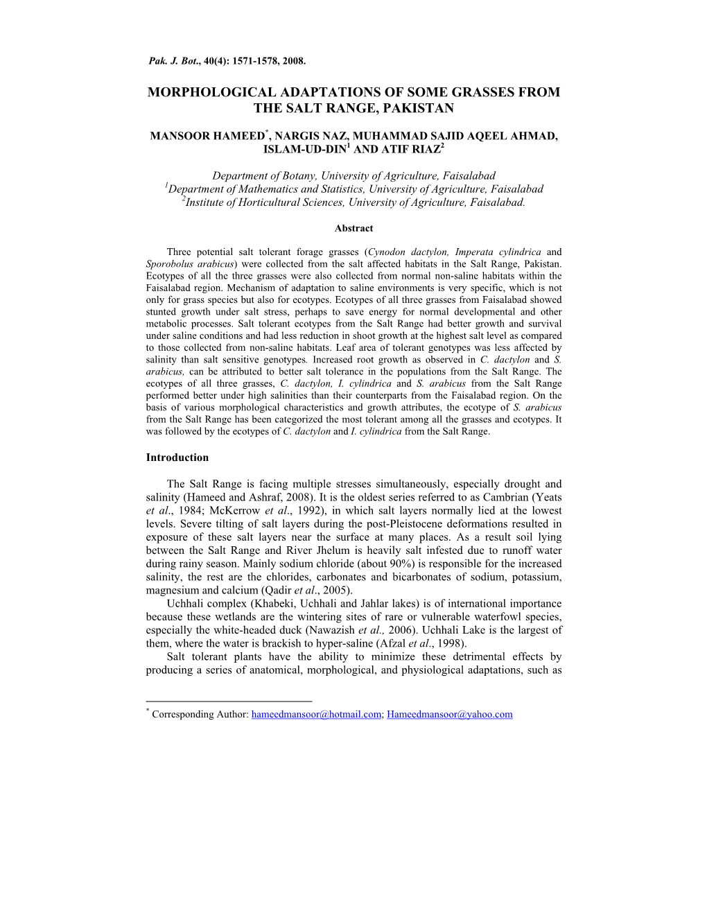 Morphological Adaptations of Some Grasses from the Salt Range, Pakistan