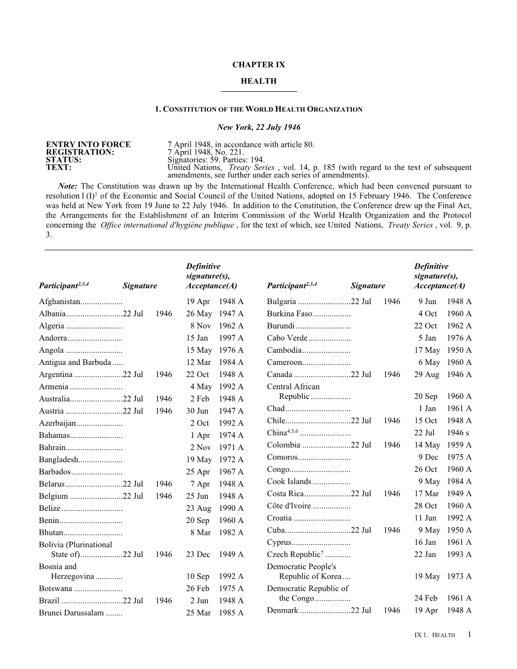 CHAPTER IX HEALTH New York, 22 July 1946 .ENTRY INTO FORCE 7