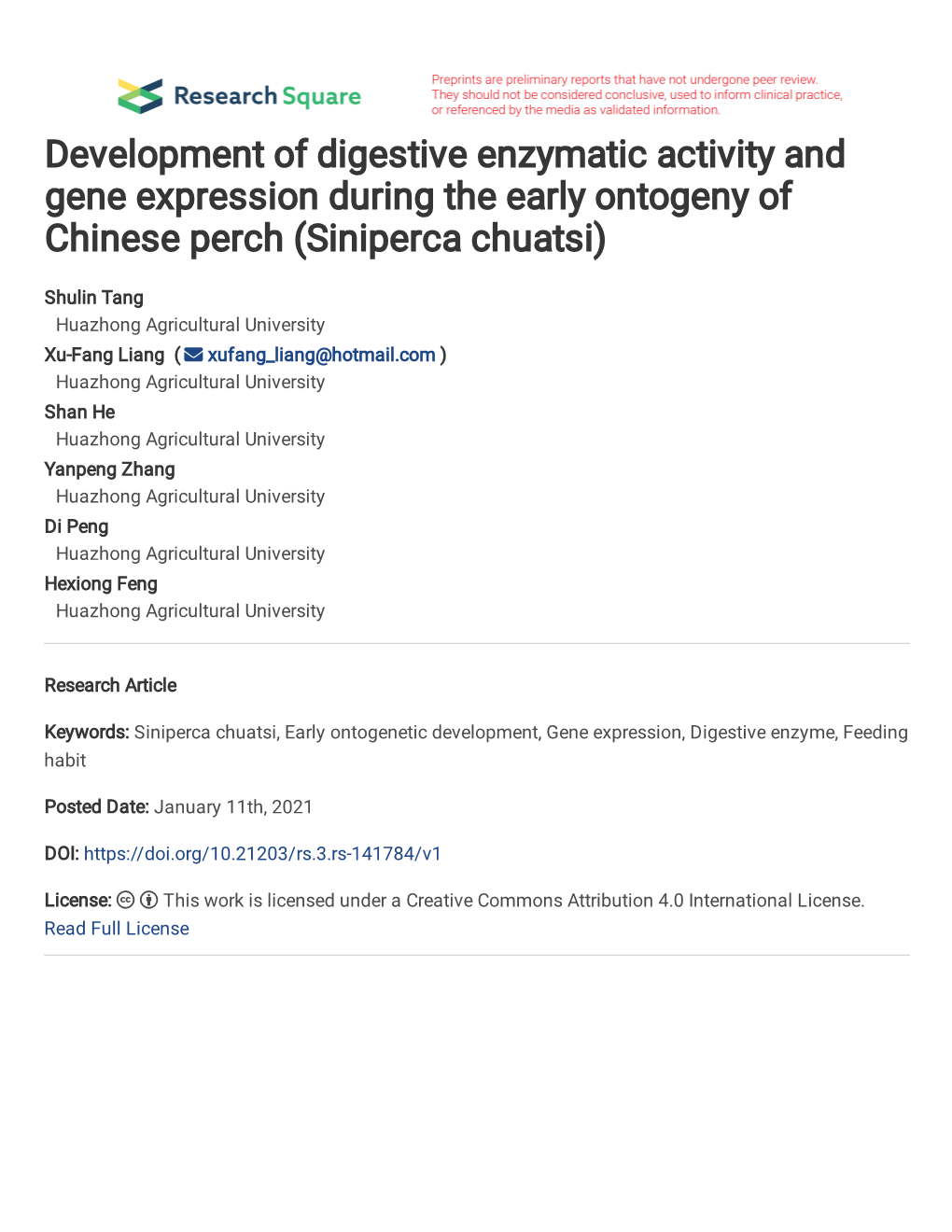 Development of Digestive Enzymatic Activity and Gene Expression During the Early Ontogeny of Chinese Perch (Siniperca Chuatsi)