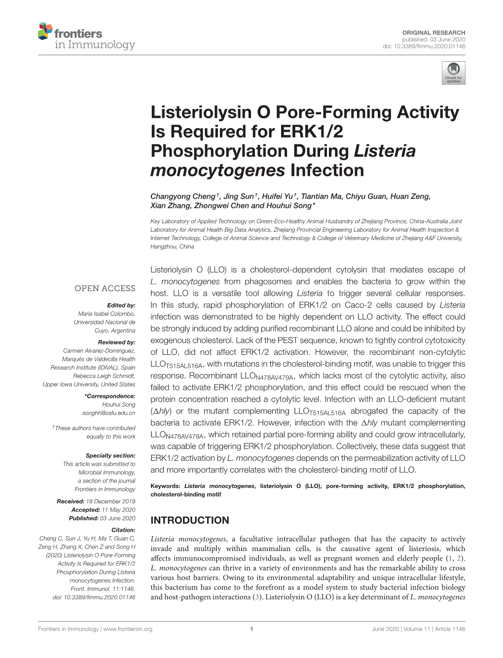 Listeriolysin O Pore-Forming Activity Is Required for ERK1/2 Phosphorylation During Listeria Monocytogenes Infection