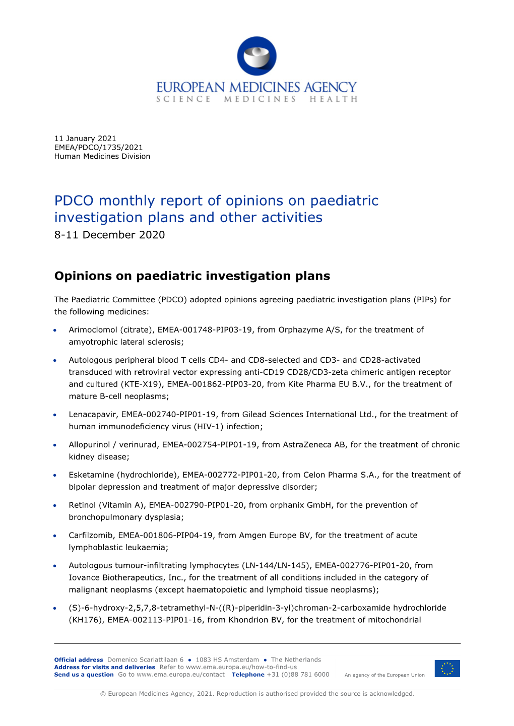 PDCO Monthly Report of Opinions on Paediatric Investigation Plans and Other Activities 8-11 December 2020