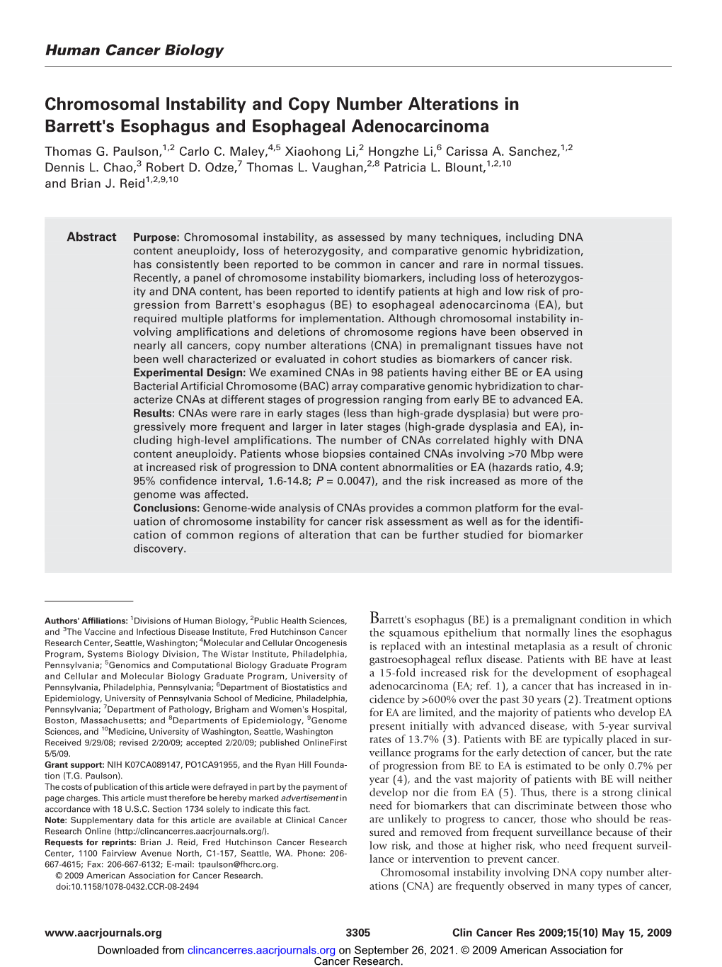 Chromosomal Instability and Copy Number Alterations in Barrett's Esophagus and Esophageal Adenocarcinoma Thomas G