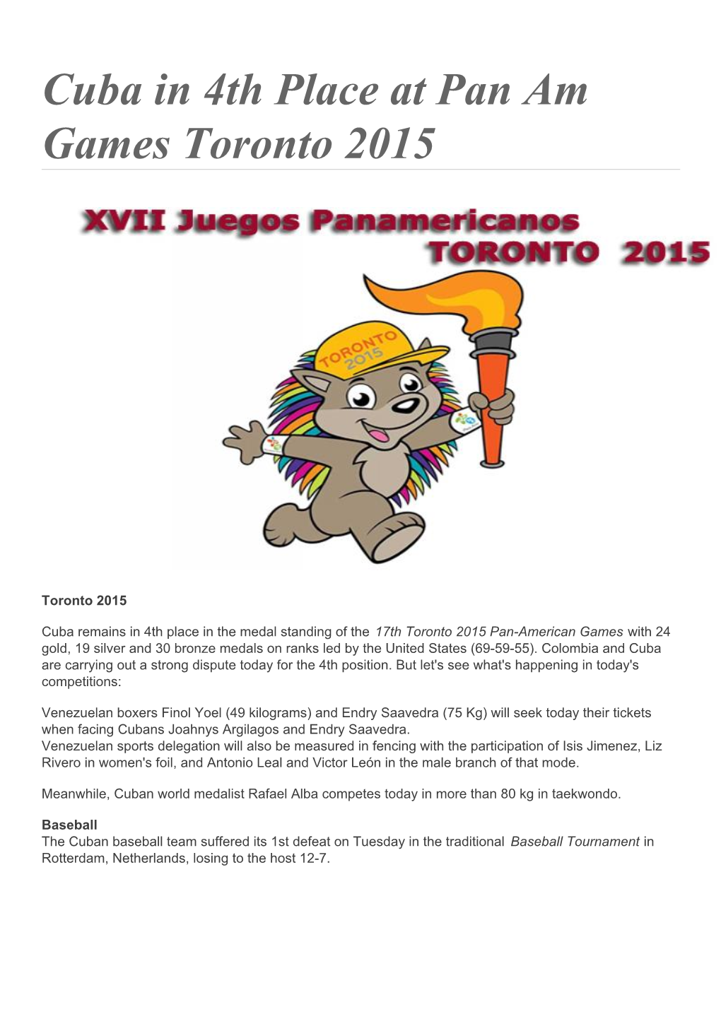 Cuba in 4Th Place at Pan Am Games Toronto 2015