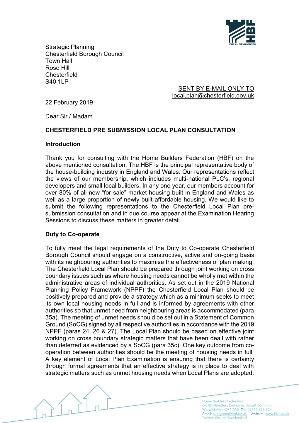 Strategic Planning Chesterfield Borough Council Town Hall Rose Hill Chesterfield S40 1LP SENT by E-MAIL ONLY to Local.Plan@Chesterfield.Gov.Uk 22 February 2019