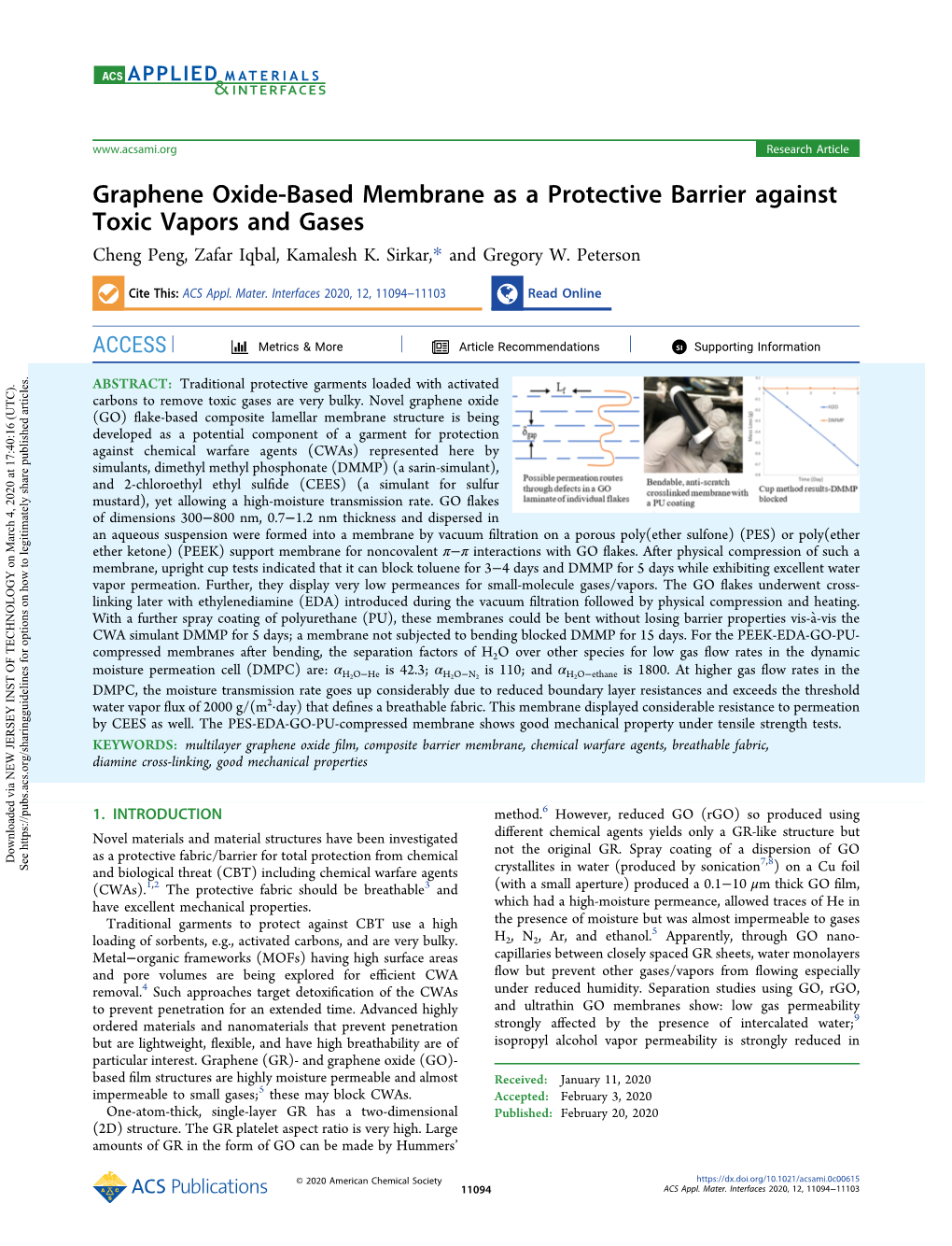 Graphene Oxide-Based Membrane As a Protective Barrier Against Toxic Vapors and Gases Cheng Peng, Zafar Iqbal, Kamalesh K