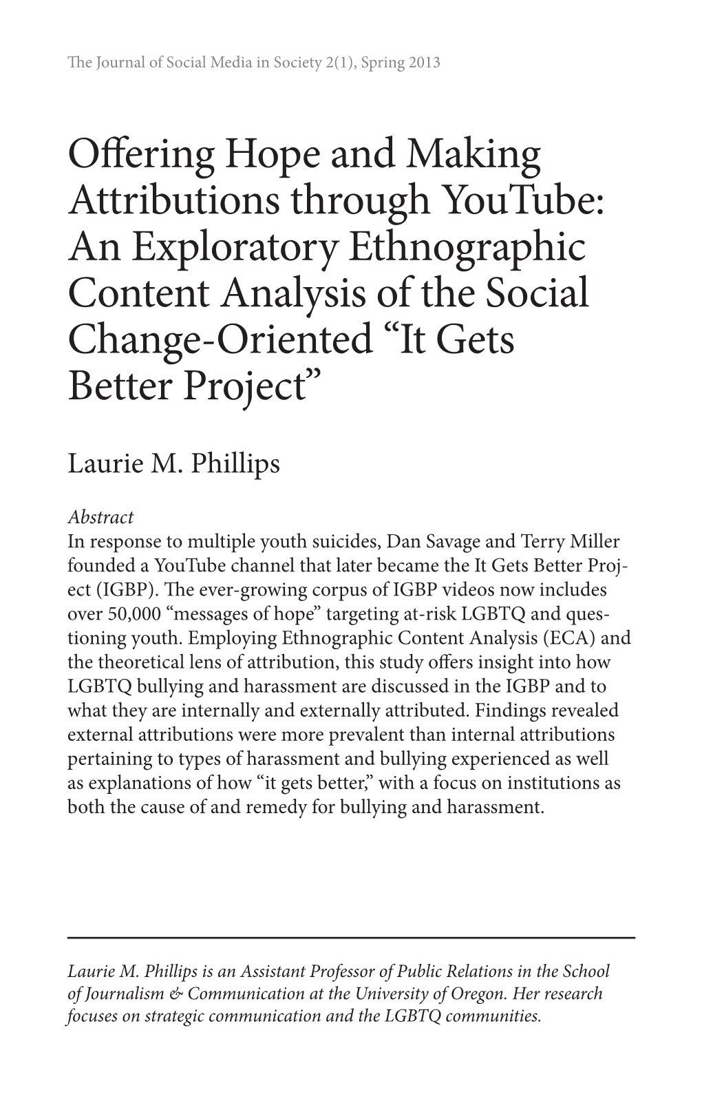 Offering Hope and Making Attributions Through Youtube: an Exploratory Ethnographic Content Analysis of the Social Change-Oriented “It Gets Better Project”