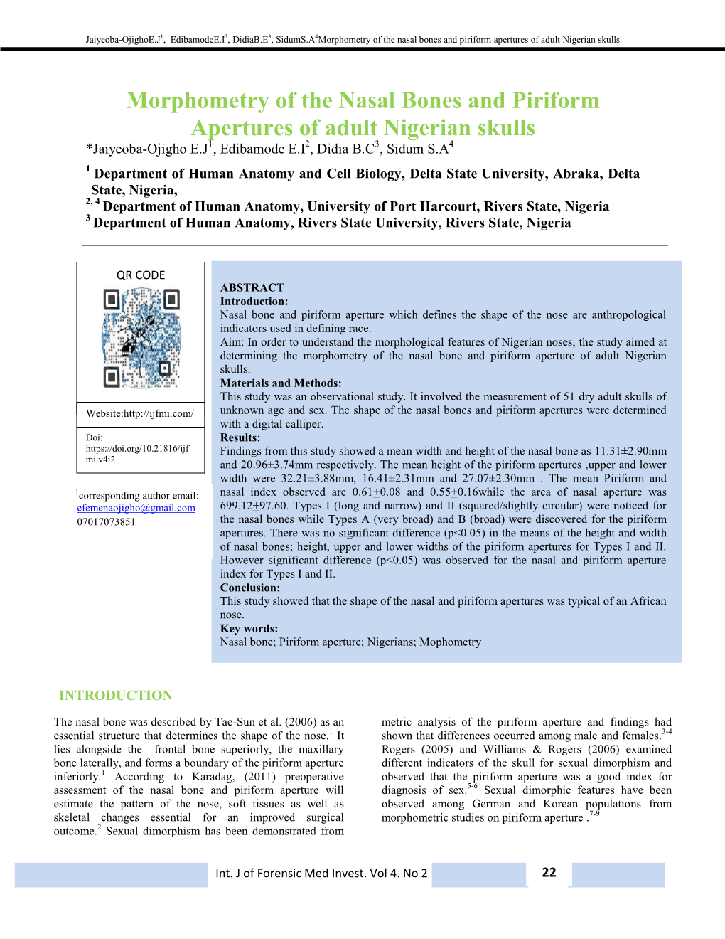 Morphometry of the Nasal Bones and Piriform Apertures of Adult Nigerian Skulls