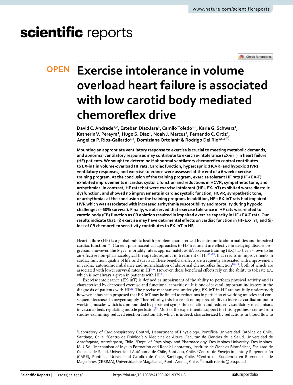Exercise Intolerance in Volume Overload Heart Failure Is Associated with Low Carotid Body Mediated Chemorefex Drive David C