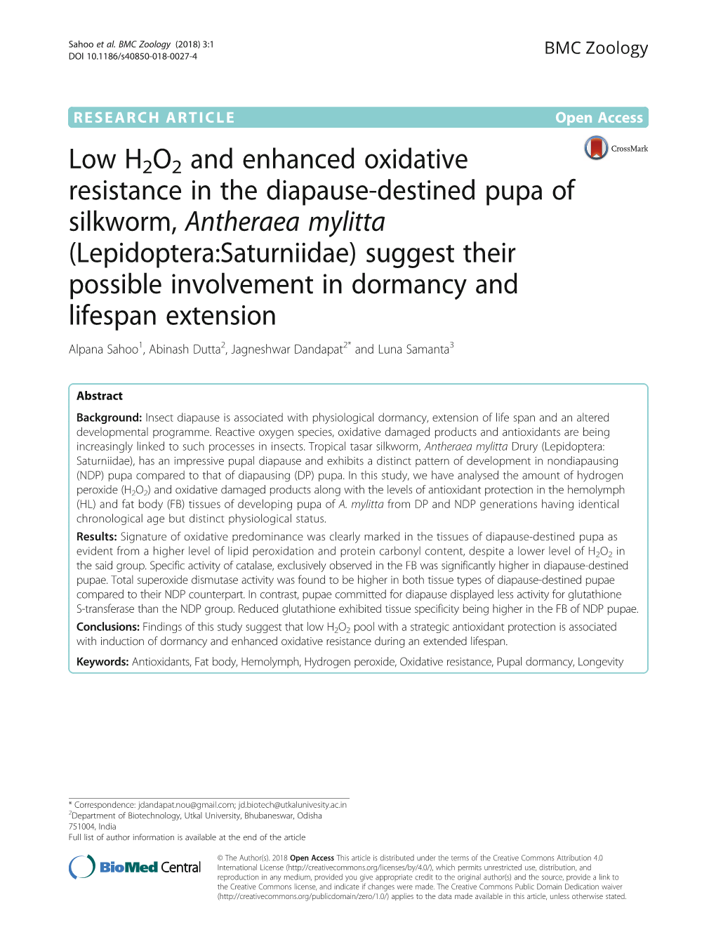 Low H2O2 and Enhanced Oxidative Resistance in the Diapause-Destined