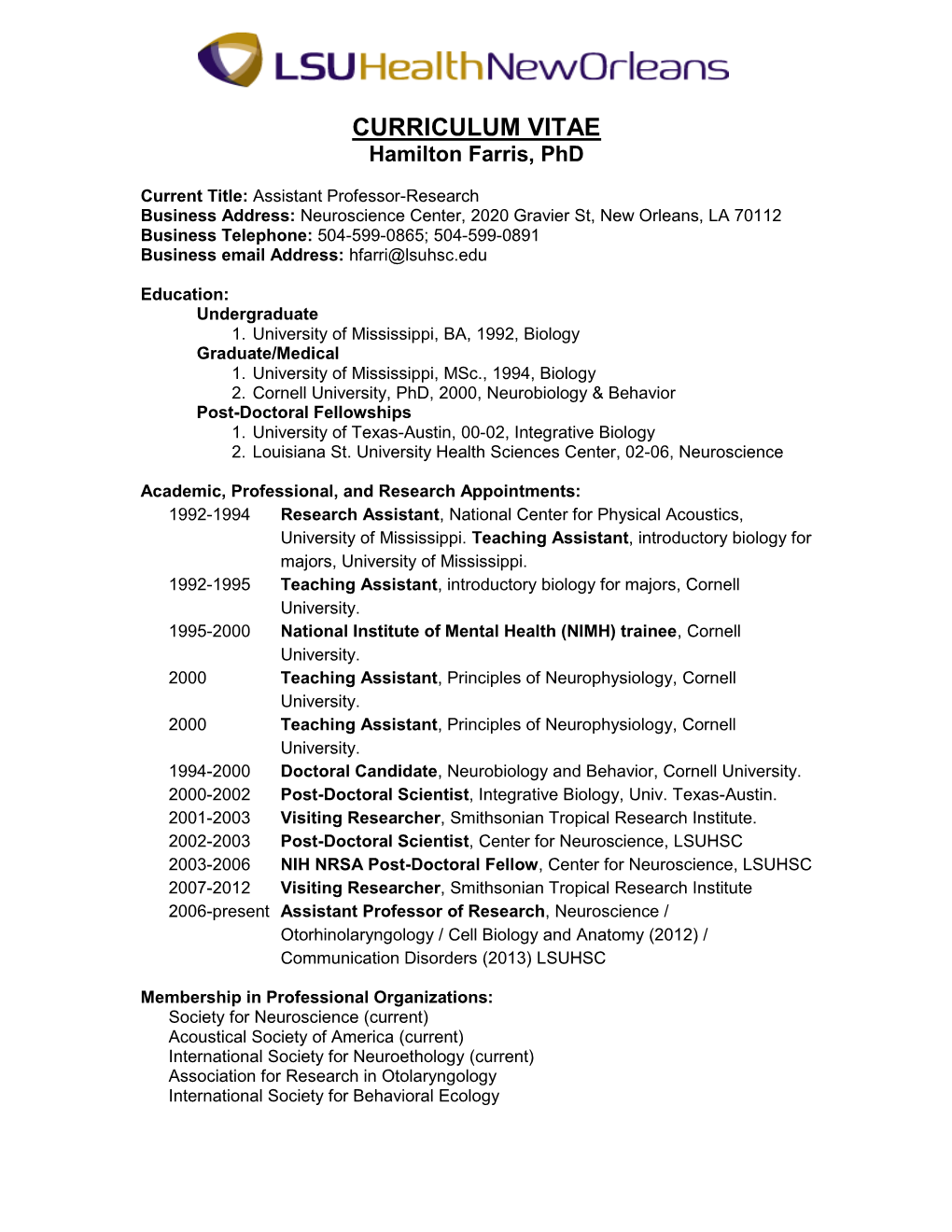 CURRICULUM VITAE Hamilton Farris, Phd