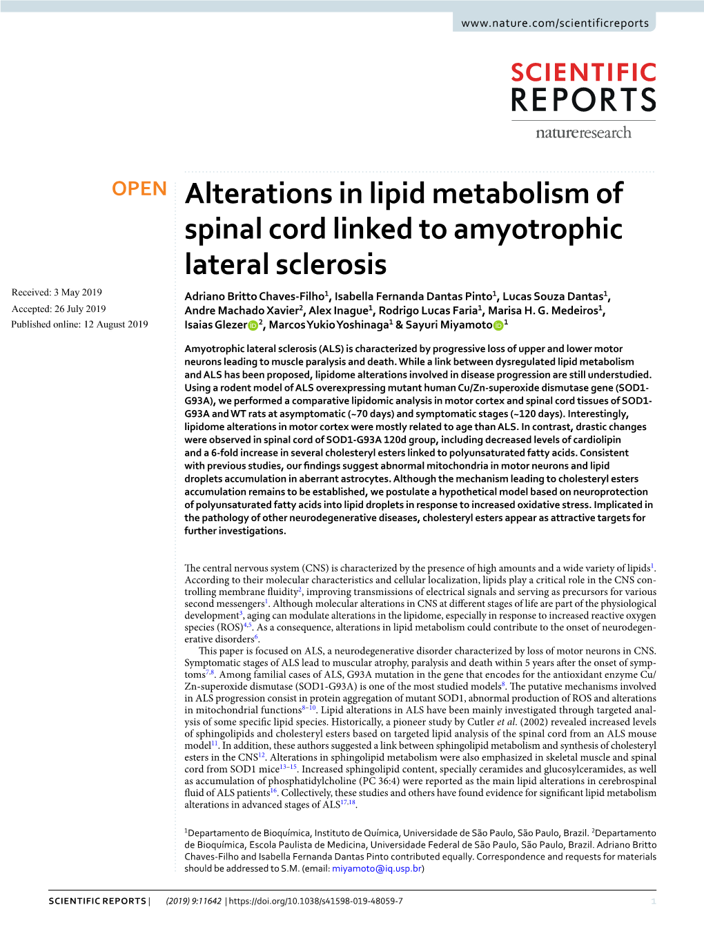 Alterations in Lipid Metabolism of Spinal Cord Linked to Amyotrophic