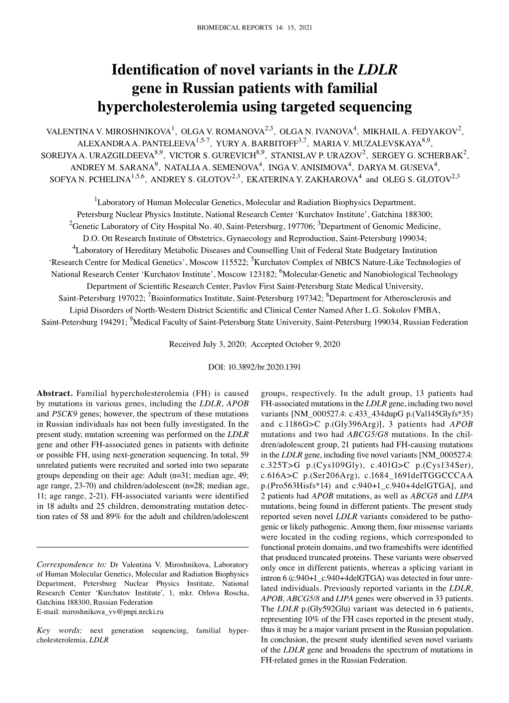 Identification of Novel Variants in the LDLR Gene in Russian Patients With