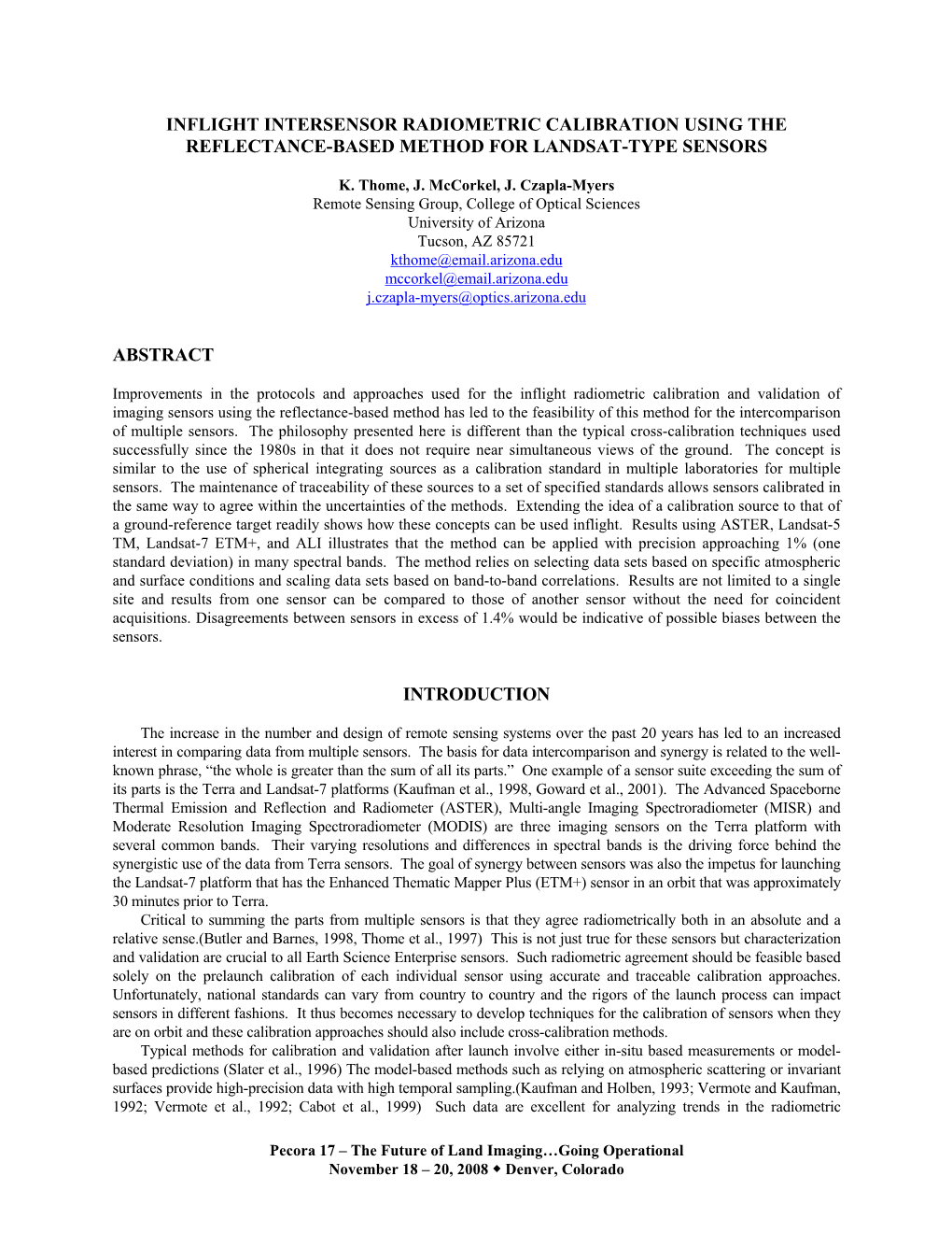 Inflight Intersensor Radiometric Calibration Using the Reflectance-Based Method for Landsat-Type Sensors