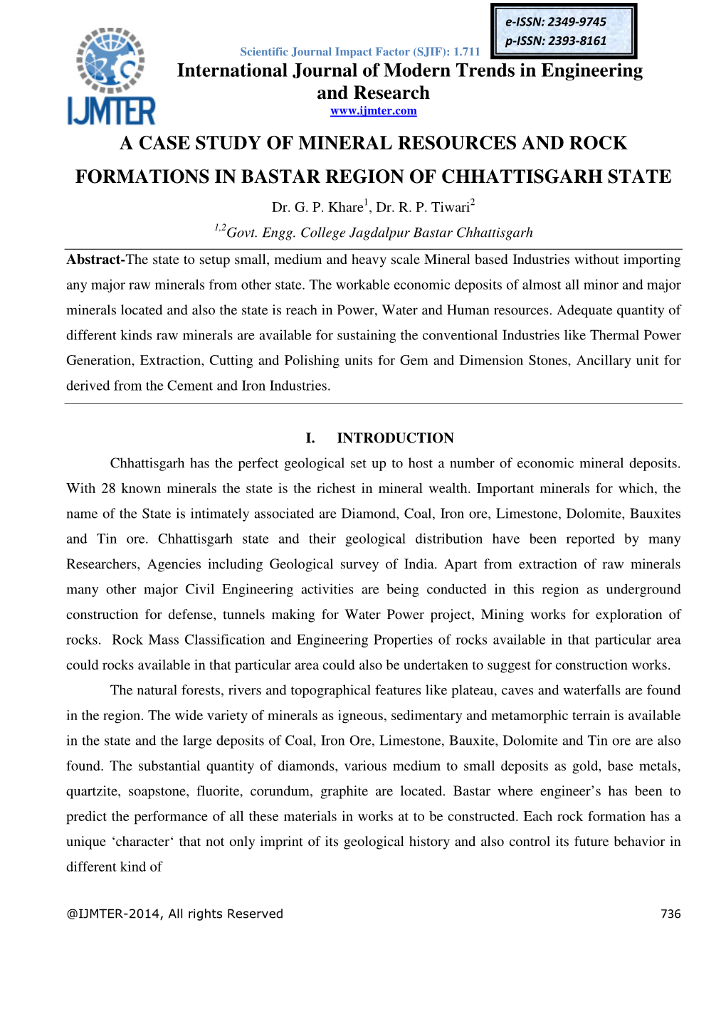 A CASE STUDY of MINERAL RESOURCES and ROCK FORMATIONS in BASTAR REGION of CHHATTISGARH STATE Dr